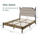 Queen Size Bed Frame with Upholstered Headboard , Queen Bed Frame with Charging Station and LED W636P195093