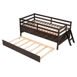 ZUN Low Loft Bed Twin Size with Full Safety Fence, Climbing ladder, Storage Drawers and Trundle Espresso 95642683