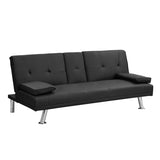 ZUN sofa bed with Armrest two holders WOOD FRAME, STAINLESS LEG, FUTON BLACK PVC W214101864