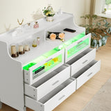 ZUN White Wood Tempered Glass Drawer Dresser with LED Light Strips & Charging Station & USB Ports Bed 58583809