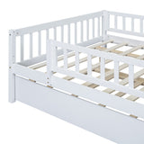 Full Size Wood Daybed with Trundle and Fence Guardrails, White WF301863AAK
