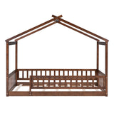 Twin Size Wood Bed House Bed Frame with Fence, for Kids, Teens, Girls, Boys, Walnut WF302176AAL