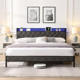King Bed Frame Storage Headboard, Charging Station and LED Lights, Upholstered Platform Bed 18121287