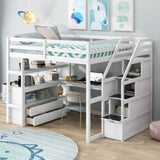 ZUN Full Size Loft Bed with Desk and Shelves, Two Built-in Drawers, Storage Staircase, White 48024197