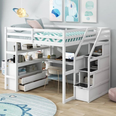 ZUN Full Size Loft Bed with Desk and Shelves, Two Built-in Drawers, Storage Staircase, White 48024197