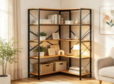 L-Shaped Corner Bookshelf, 5-Tier Industrial Open Storage Shelf with Metal Frame, X-Shaped 46623537