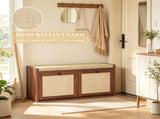 Brown Entryway Shoe Storage Bench Padded Seat with 2 Rattan Doors for Hidden Shoe Storage 65706668