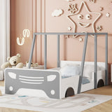 ZUN Twin Size Car-shaped Bed with Roof,Wooden Twin Floor Bed with wheels and door Design,Montessori 45644784