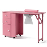 Nail Desk Folding Table, Pink MDF Manicure Station w/ 2 Drawers & 1 Door Cabinet for Nail Art Salon 58463404