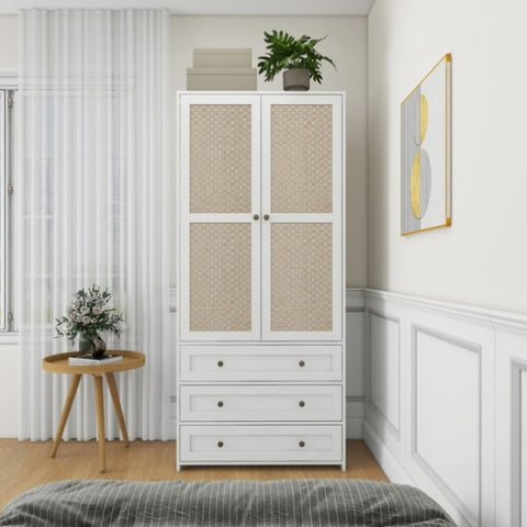 ZUN 2-Door Wardrobe with 3 Drawers High Wardrobe Armoire With 2 Rattan Door For Living Room, Bedroom W2232P162480