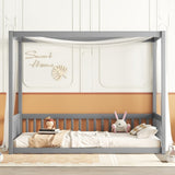 Twin Size Canopy Frame Floor Bed with Fence, Guardrails,Grey W504P143277