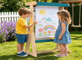 Kids Double-Sided Art Easel with Sun Canopy, Solid Fir Wood Drawing Board with Paper Roll & Paint 13005106