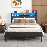 Full Size Bed Frame with Storage Headboard, Metal Platform Bed with Charging Station, Bookcase W840P201068