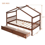 ZUN Twin Size Wooden House Bed with Drawers, Walnut 57552985