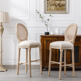French Country Wooden Barstools Rattan Back With Upholstered Seating , Beige and Natural ,Set of 2 W162290987