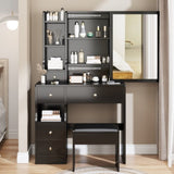ZUN Small Space Left Drawer Desktop Vanity Table + Cushioned Stool, Extra Large Right sliding mirror, W936P176490
