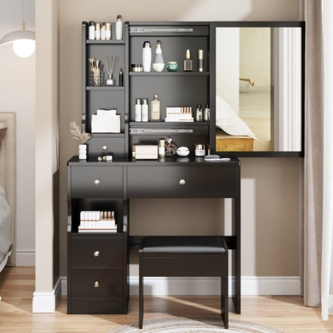 ZUN Small Space Left Drawer Desktop Vanity Table + Cushioned Stool, Extra Large Right sliding mirror, W936140184