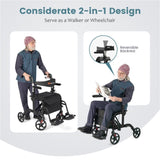 2-in-1 Rollator Walker & Wheelchair 6-Level Adjustable Handles, 1-Hand Folding, Storage 51449217