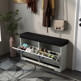 ZUN Farmhouse Shoe Storage Bench with Coat Rack, Antique White Shoe Bench with 2 Adjustable Flip Drawer, W2557P210922