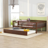 Full Size Wood Daybed with Trundle and Fence Guardrails, Walnut WF301863AAL