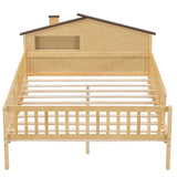 Full Size Wood Platform Bed with House-shaped Headboard, LED and Built-in Storage, Natural N709P184430M