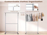 Extendable Double Rod Metal Clothing Rack with Wheels, Adjustable Height Garment Rack 14665782