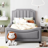 Twin Size Upholstered Daybed with Classic Stripe Shaped Headboard, Gray WF308905AAE
