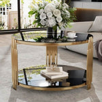 ZUN Modern Black Mirror Coffee Table, Asymmetrical Metal, Circular Metal Drum Base, Gold Finish & Lower N735P177478B