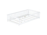Twin Size Floor Bed with Fence and Door,Rubber Wood Floor Bed with Safety Guardrails,White W504P296777