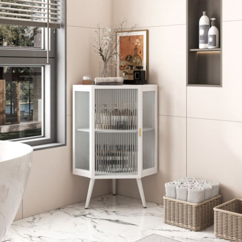 ZUN 22.25 " Floor Coner Cabinet with Tempered Glass Door & Storage Shelves for Bathroom, Living Room, W757130159