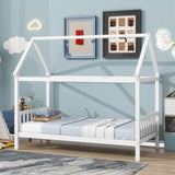 Twin House Bed with Headboard and Footboard, Twin Rubber Wood Bed with House Frame,White W504P225951