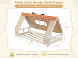 Twin Size Montessori House Floor Bed with Removable Canopy Tent, Solid Wood Kids Bed with Guardrails 81025719