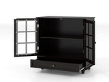 Minimalist Black Buffet Cabinet with Double Glass Doors and Drawer, Modern Wooden Storage Sideboard 26388624