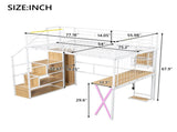 Full Size Metal Loft Bed with Built-in Work Station, Wardrobe, Storage Staircase and LED, White 78792217