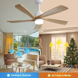 ZUN 52 Inch Indoor Ceiling Fan With Dimmable LED Light 5 Solid Wood Blades Remote Control Reversible DC W882P146360