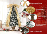 6FT Pre-Lit Flocked Christmas Tree with 42 Real Pine cones & Gold Ribbon Bows, 200 Warm White LEDs 8 N704P526149J