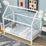 Twin House Bed with Headboard and Footboard, Twin Rubber Wood Bed with House Frame,White W504P225951