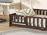 Full Size Floor Bed with Fence and Door,Rubber Wood Floor Bed with Safety Guardrails,Espresso W504P429302
