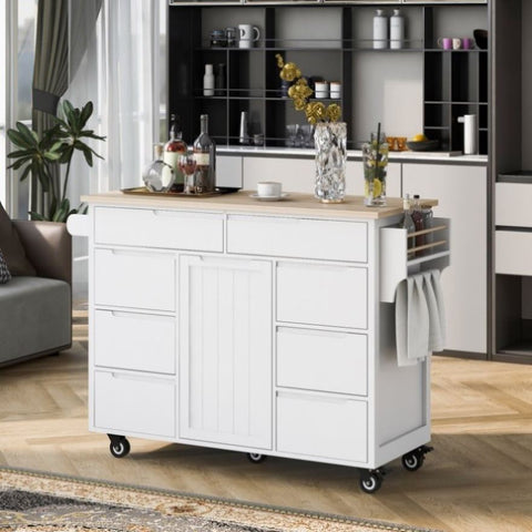 ZUN Kitchen Cart with Rubber Wood Countertop , Kitchen Island has 8 Handle-Free Drawers Including a 74698369
