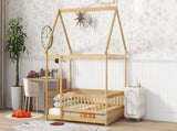 Full Size House Floor Wooden Bed with Roof Frame, Safety Guardrails,Natural W504P370560