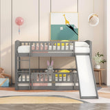 ZUN Bunk Bed with Slide,Twin Over Twin Low Bunk Bed with Fence and Ladder for Toddler Kids Teens Grey 39928459