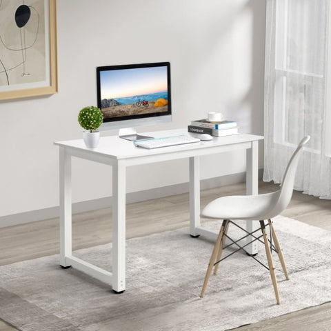 ZUN white desktop + white pipe frame P2 particleboard with triamine steel feet 110cm computer desk 76997626