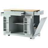 K&K Fluted Kitchen Island with Trash Can Storage Cabinet, Power Outlet, Internal Storage Rack, N707P221571G