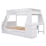 ZUN Twin over Full Bunk Bed with Trundle and Built-in Desk, Three Storage Drawers and Shelf,White 26505764