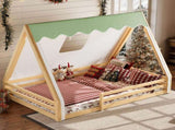 Full Size House Floor Bed with Tent and Light, Solid Wood Teepee Floor Bed with Full-length W1580P369468