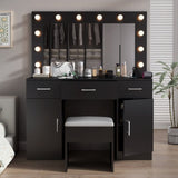 Vanity Desk Set with Large Lighted Mirror Powre Outlet, Glass Top Makeup Vanity with 3 Drawers 61795996