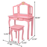 Children's Wooden Dressing Table Three-Sided Folding Mirror Dressing Table Chair Single Drawer Pink 80607210