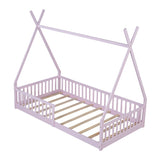 Twin Size Wood House Bed with Fence, Pink 82766186