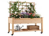 47" Raised Garden Bed with Trellis & Rolling Wheels, Mobile Fir Wood Planter Box for Climbing Plants 08015692