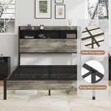 Full size bed frame, wooden platform bed frame, with storage and 2 USBs, no noise, no need for box W636P315847